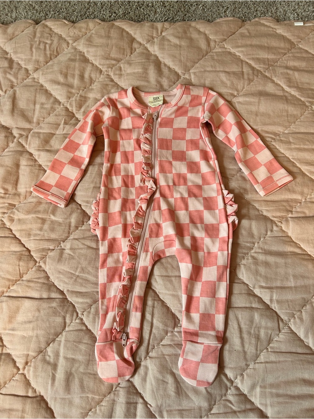 Soft Pink Checker Ruffle Zip Footed One-Piece - Unbranded